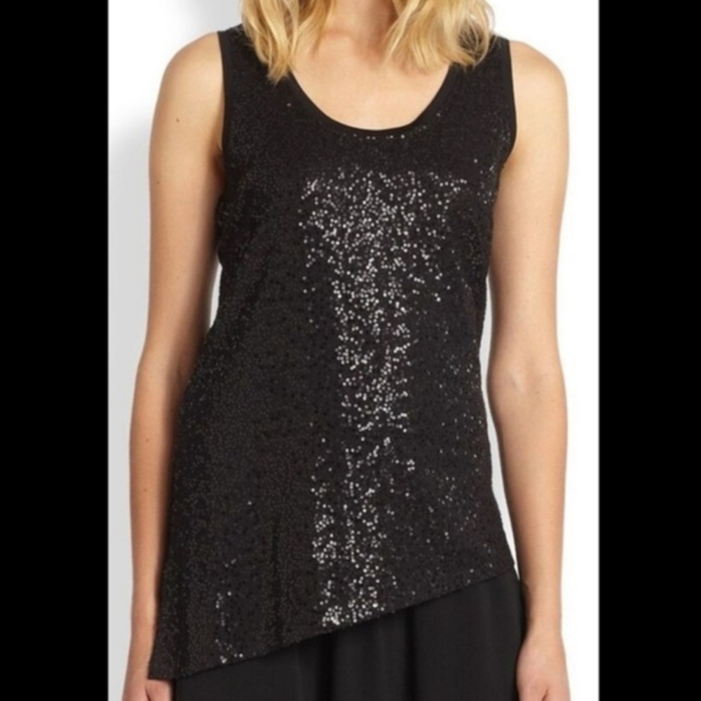 Eileen Fisher Jersey Black Sequin Tank Top w Asymmetrical Hem
